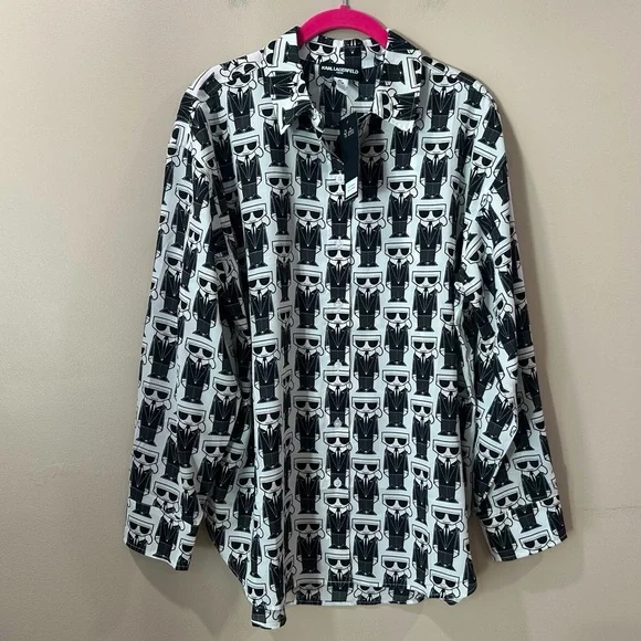 NWT Karl Lagerfeld Paris Black White Graphic Button Down Shirt Top Women Medium - Picture 1 of 7